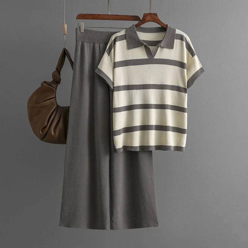 Short-sleeve Knit Top And Solid-color Loose Wide-leg Pants Two-piece Set — image 9