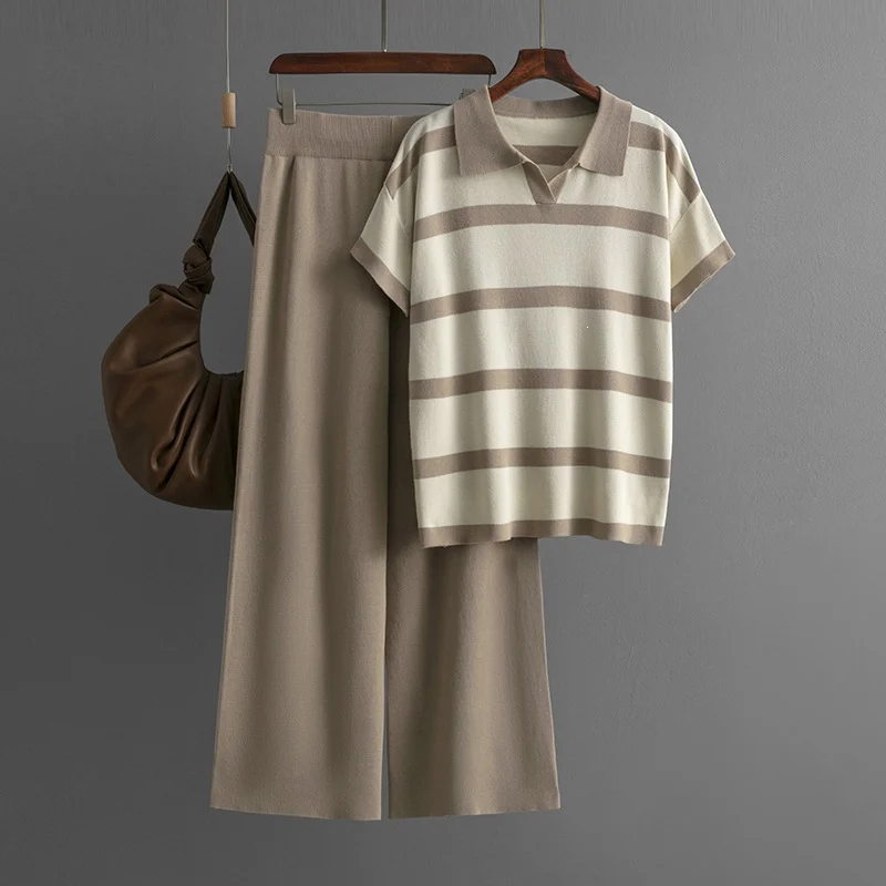 Short-sleeve Knit Top And Solid-color Loose Wide-leg Pants Two-piece Set — image 2