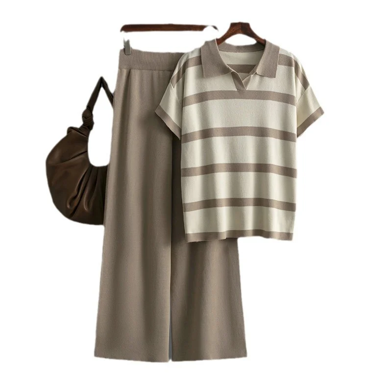 Short-sleeve Knit Top And Solid-color Loose Wide-leg Pants Two-piece Set — image 8