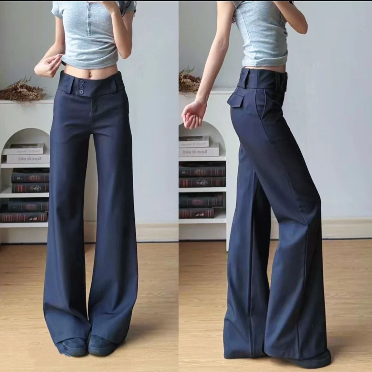 Short-statured Edgy Buttoned Bootcut Suit Pants — image 7