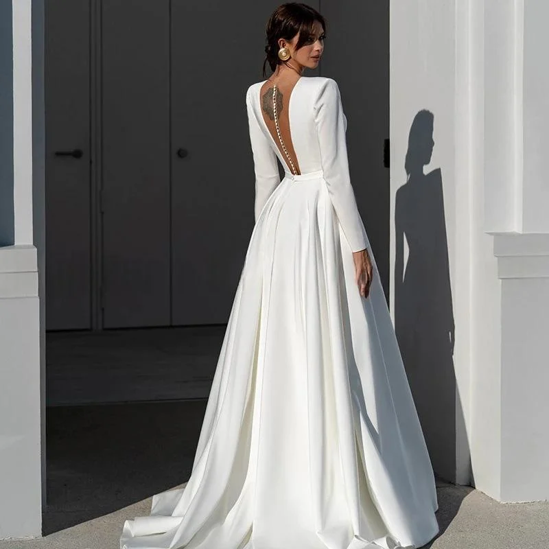Simple Deep-v Long-sleeve Satin Bridal Gown Elegant Cathedral Train Luxurious Quality — image 3