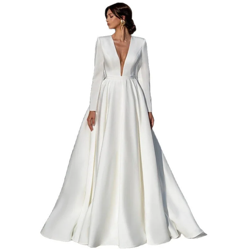 Simple Deep-v Long-sleeve Satin Bridal Gown Elegant Cathedral Train Luxurious Quality — image 4