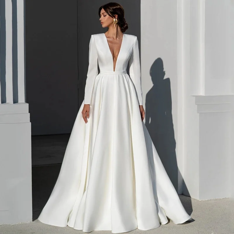 Simple Deep-v Long-sleeve Satin Bridal Gown Elegant Cathedral Train Luxurious Quality — image 2