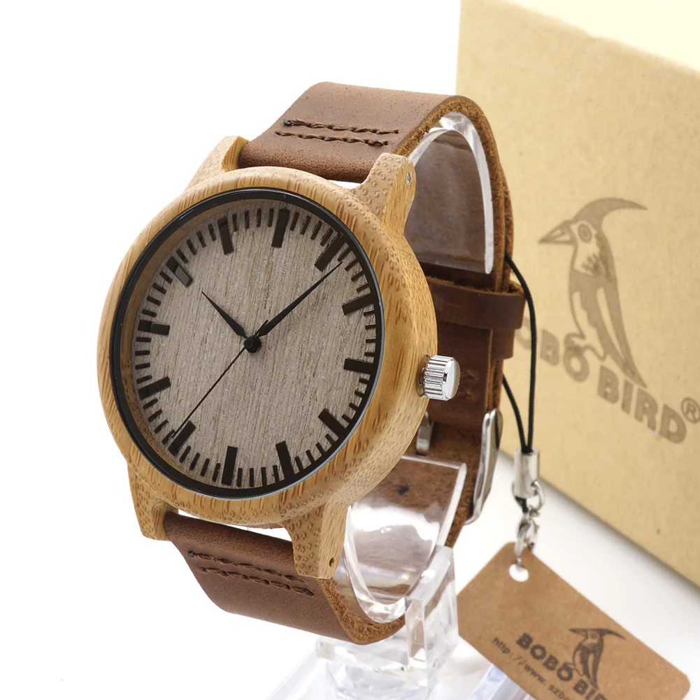 Single-bamboo Wooden-layer Cowhide Mens Wooden Watch — image 2