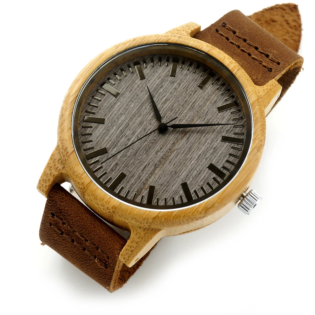 Single-bamboo Wooden-layer Cowhide Mens Wooden Watch — image 3