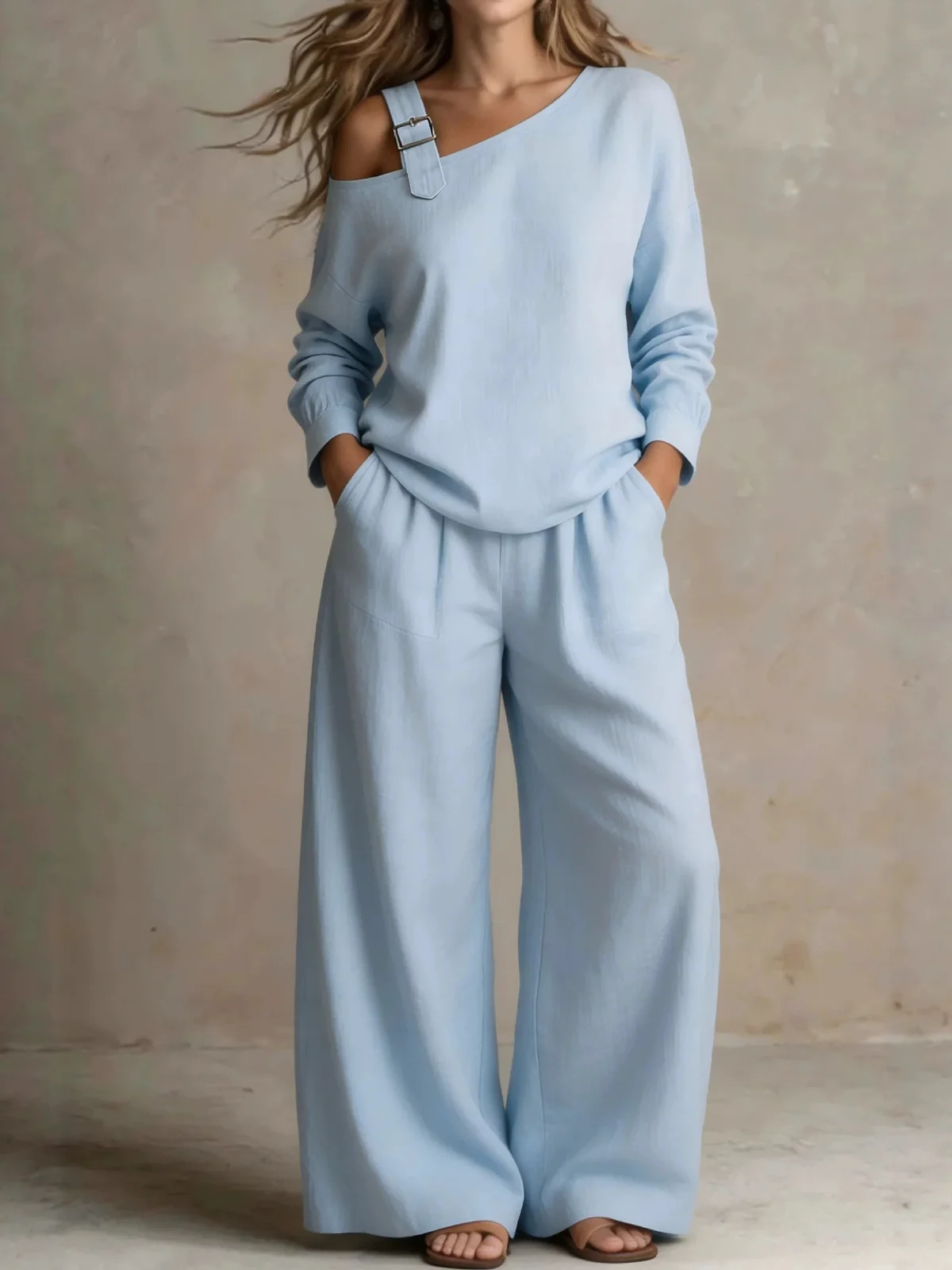 Site Hot-selling Women's Casual Loose Fashion One-shoulder Linen Blend Two-piece Set — image 1