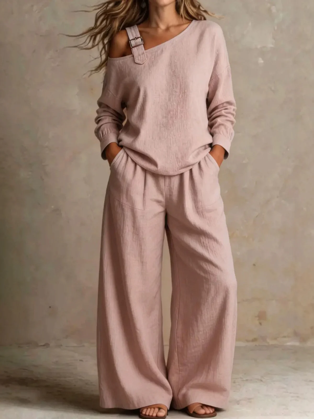 Site Hot-selling Women's Casual Loose Fashion One-shoulder Linen Blend Two-piece Set — image 2