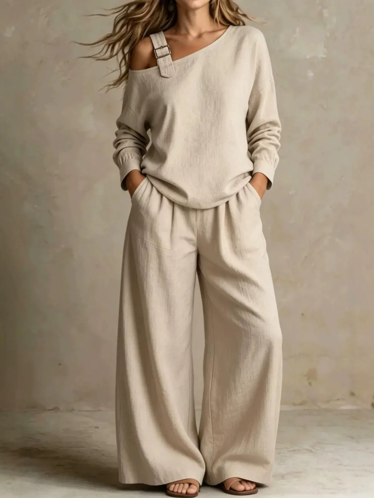 Site Hot-selling Women's Casual Loose Fashion One-shoulder Linen Blend Two-piece Set — image 4