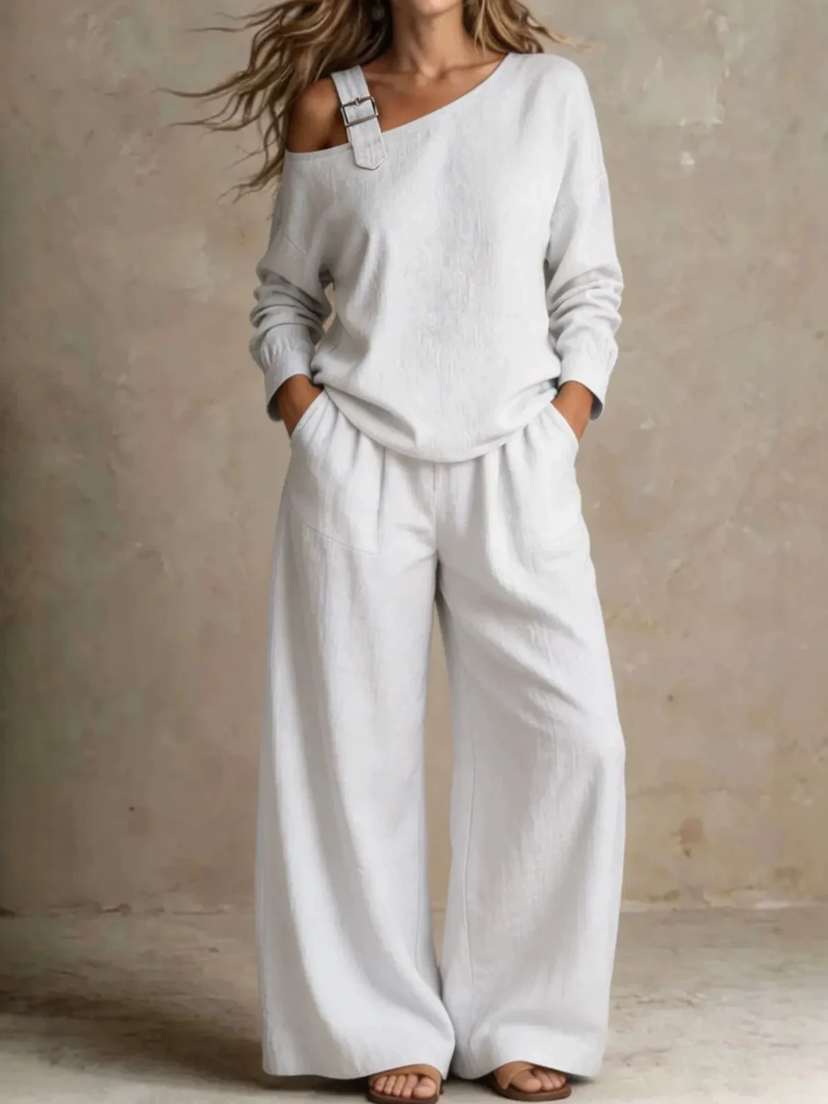 Site Hot-selling Women's Casual Loose Fashion One-shoulder Linen Blend Two-piece Set — image 3