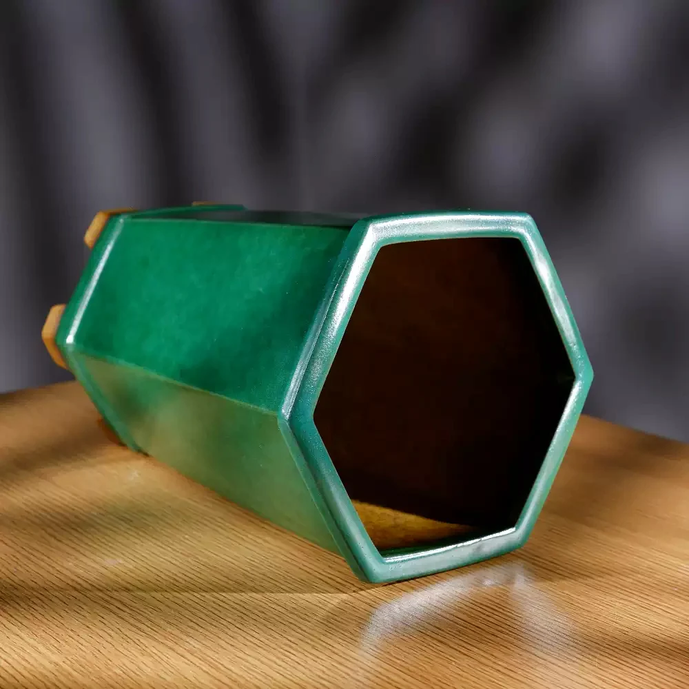 Six-sided Green-glazed Yixing Clay Pot — image 6