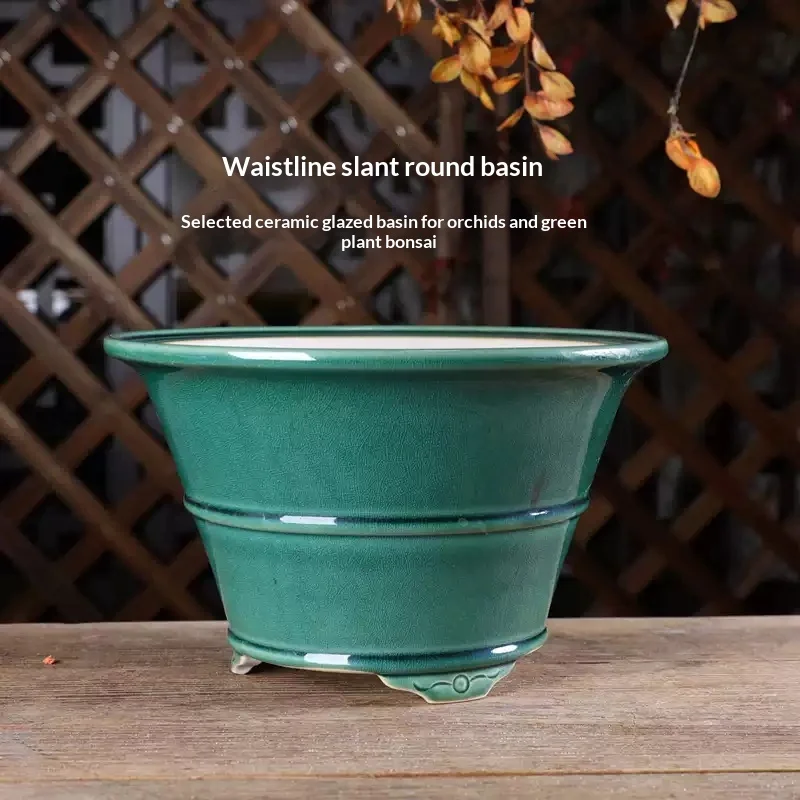 Slanted-edge Round Handmade Glazed Yixing Clay Flower Pot — image 4