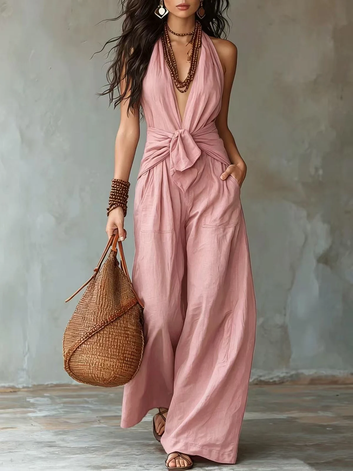 Sleeveless Halter-neck Lace-up Cinched-waist Wide-leg Jumpsuit — image 7