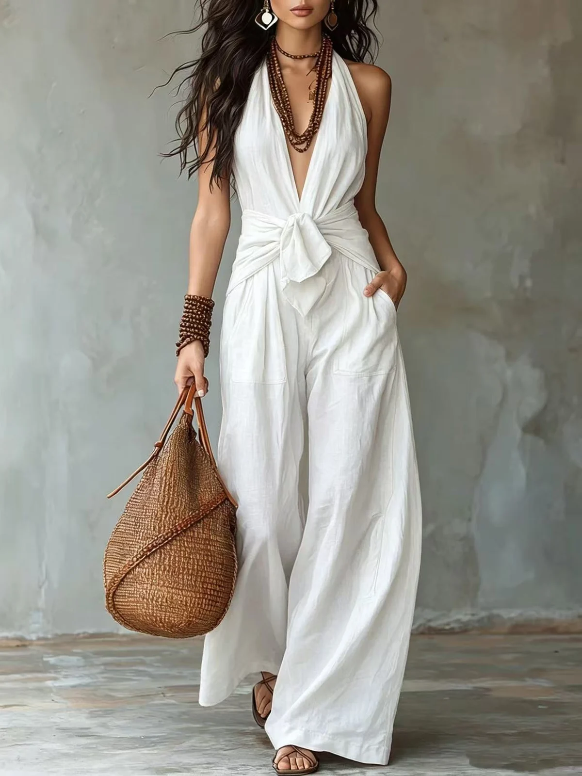 Sleeveless Halter-neck Lace-up Cinched-waist Wide-leg Jumpsuit — image 5