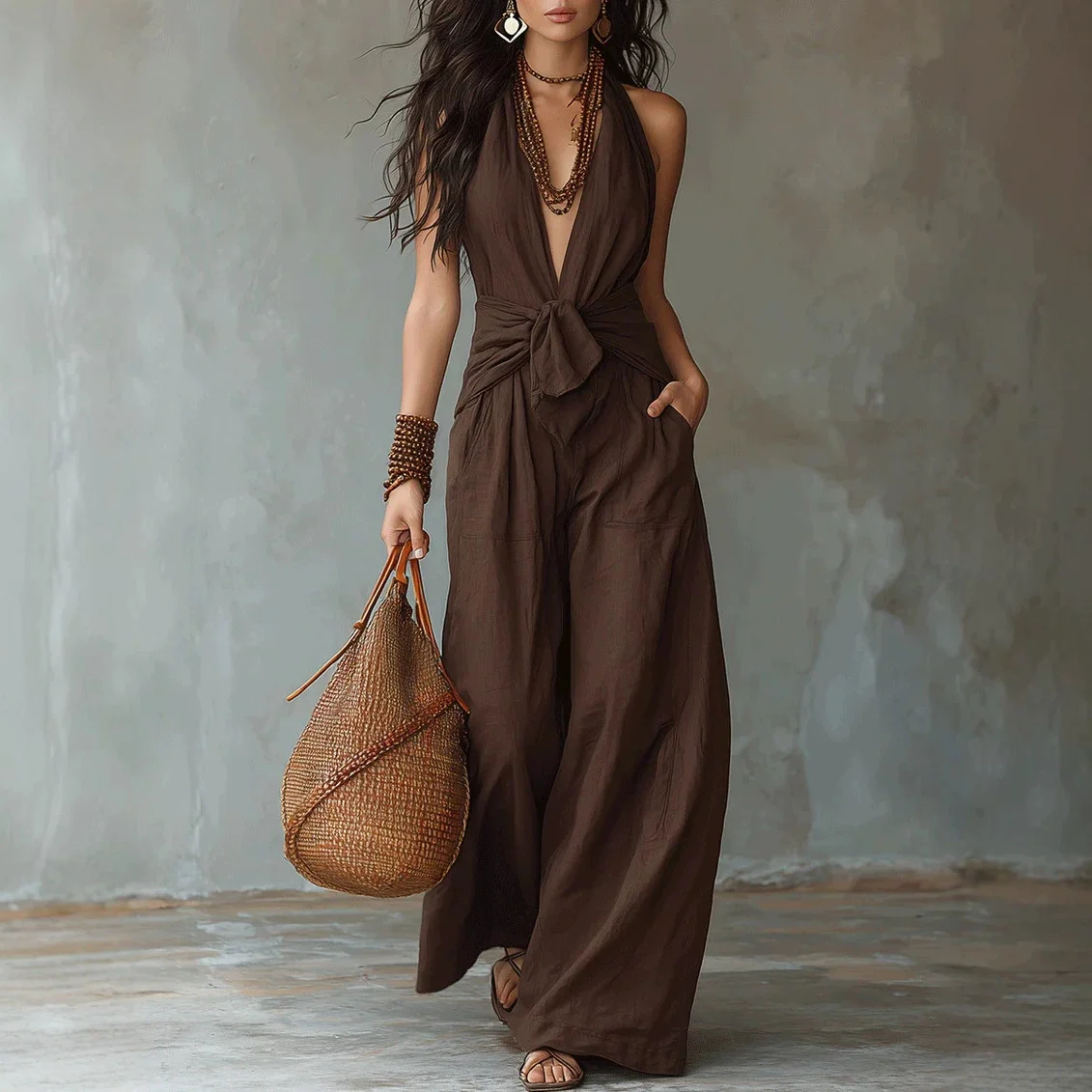 Sleeveless Halter-neck Lace-up Cinched-waist Wide-leg Jumpsuit — image 3