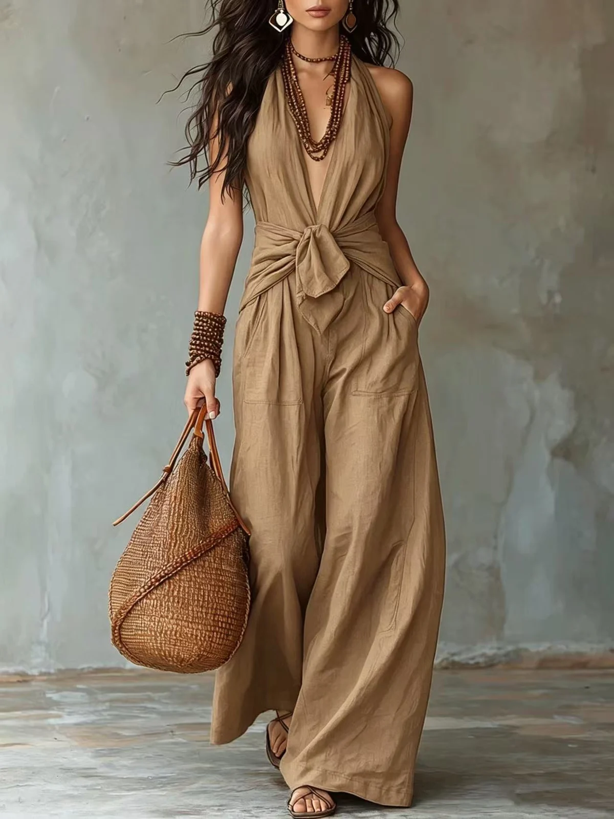 Sleeveless Halter-neck Lace-up Cinched-waist Wide-leg Jumpsuit — image 8
