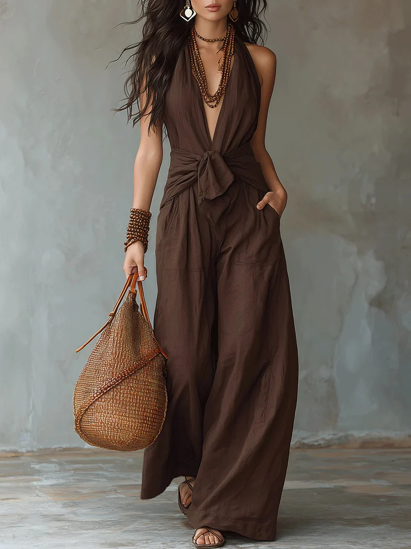 Sleeveless Halter-neck Lace-up Cinched-waist Wide-leg Jumpsuit — image 4