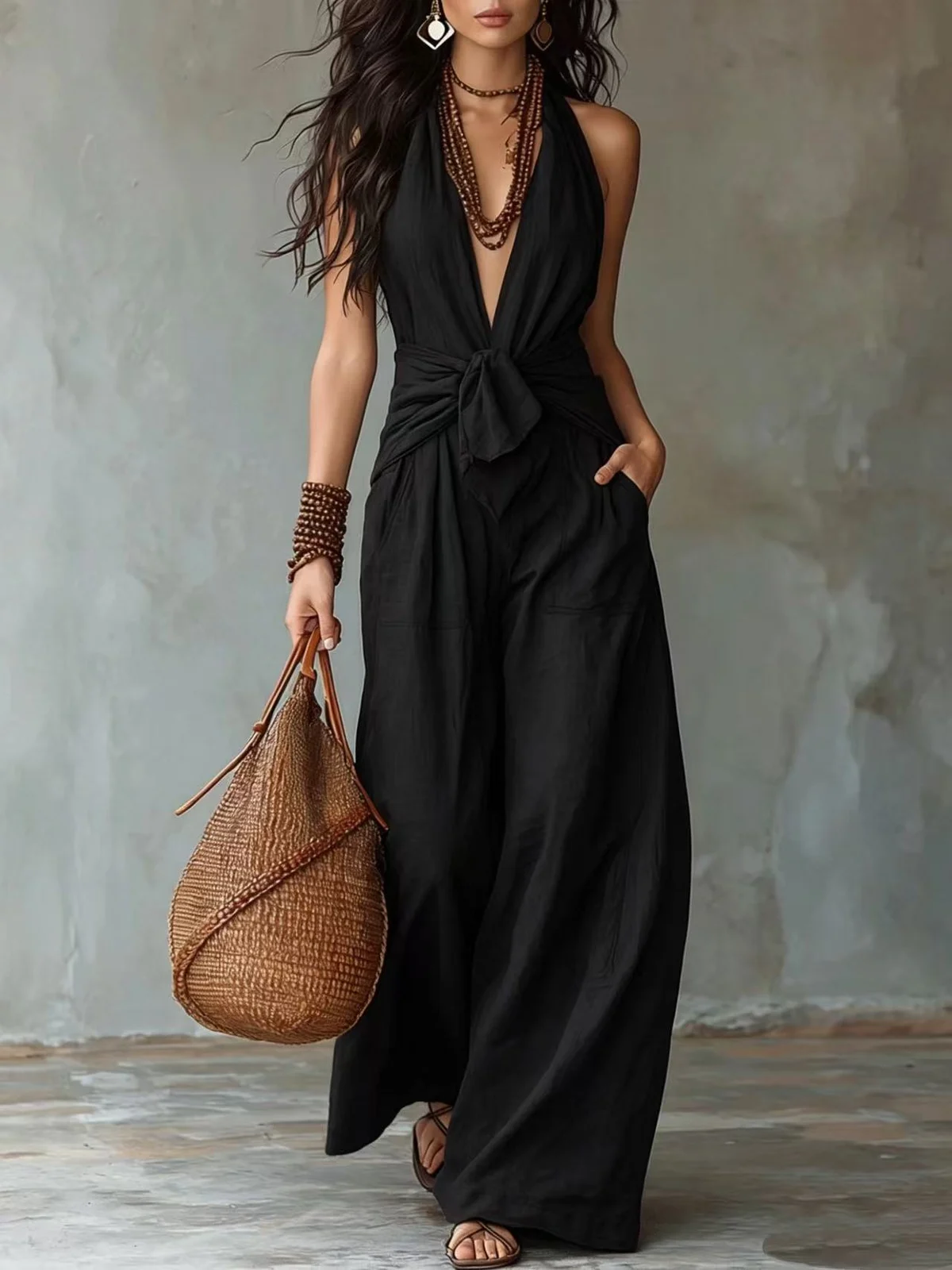 Sleeveless Halter-neck Lace-up Cinched-waist Wide-leg Jumpsuit — image 6