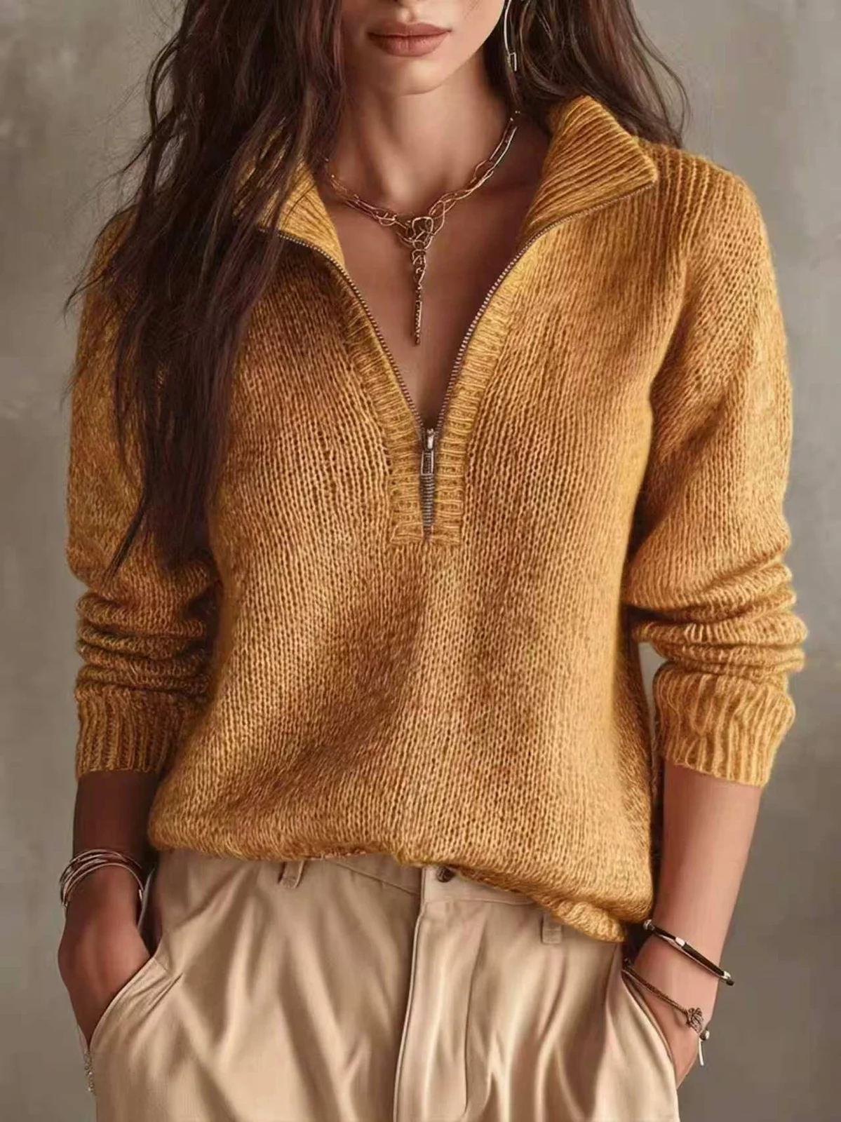 Slim-fit Knitted Top Half-placket Zipper Casual Solid Color Autumn And Winter Sweater — image 2