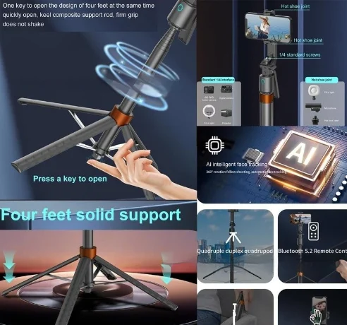 Smart AI Selfie Stick With 3-axis Gimbal Stabilizer - Adjustable Extendable Tripod… — image 4
