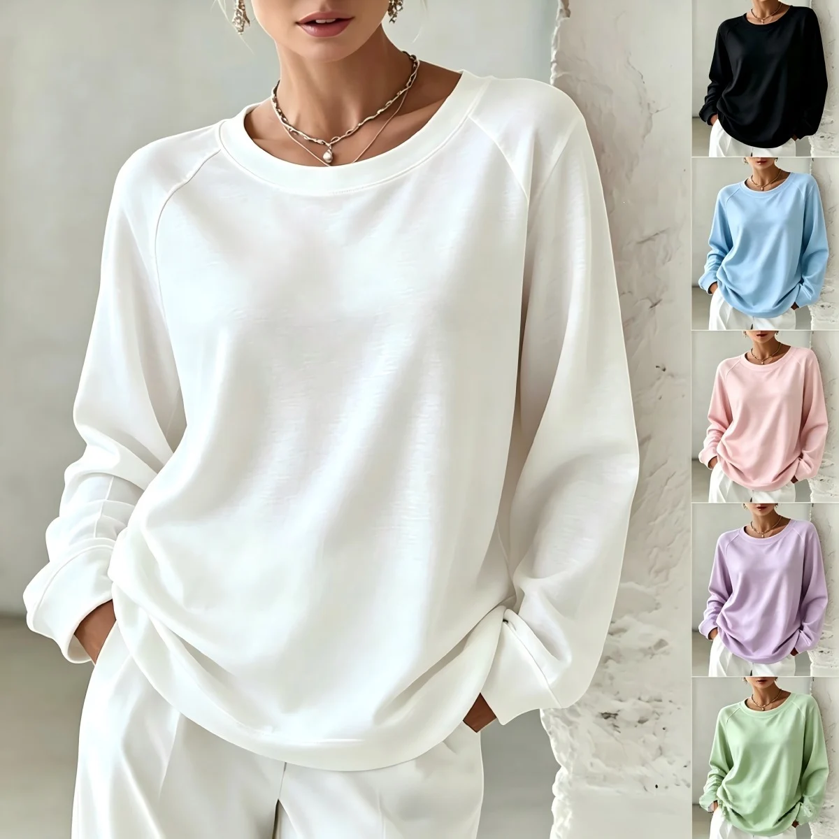 Soft-colored Loose-fitting Round-neck Casual Long-sleeved Women's Hoodie — image 4