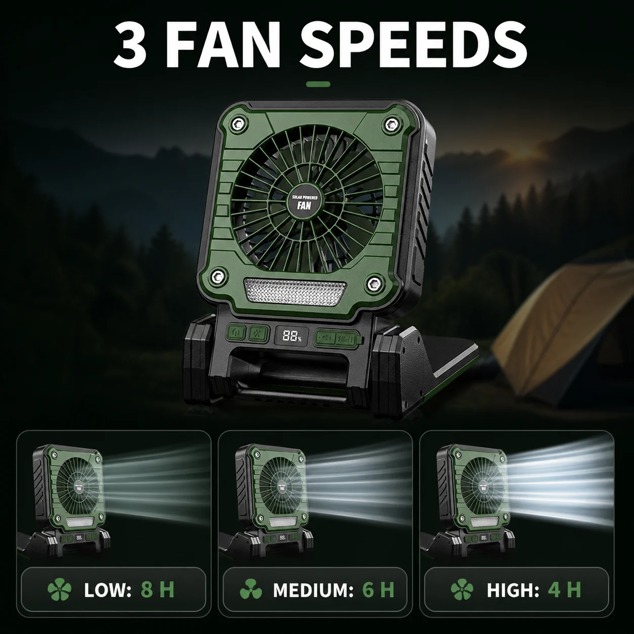 Solar Powered Rechargeable Battery Display Power Bank Function Portable Fan F3 Green… — image 2