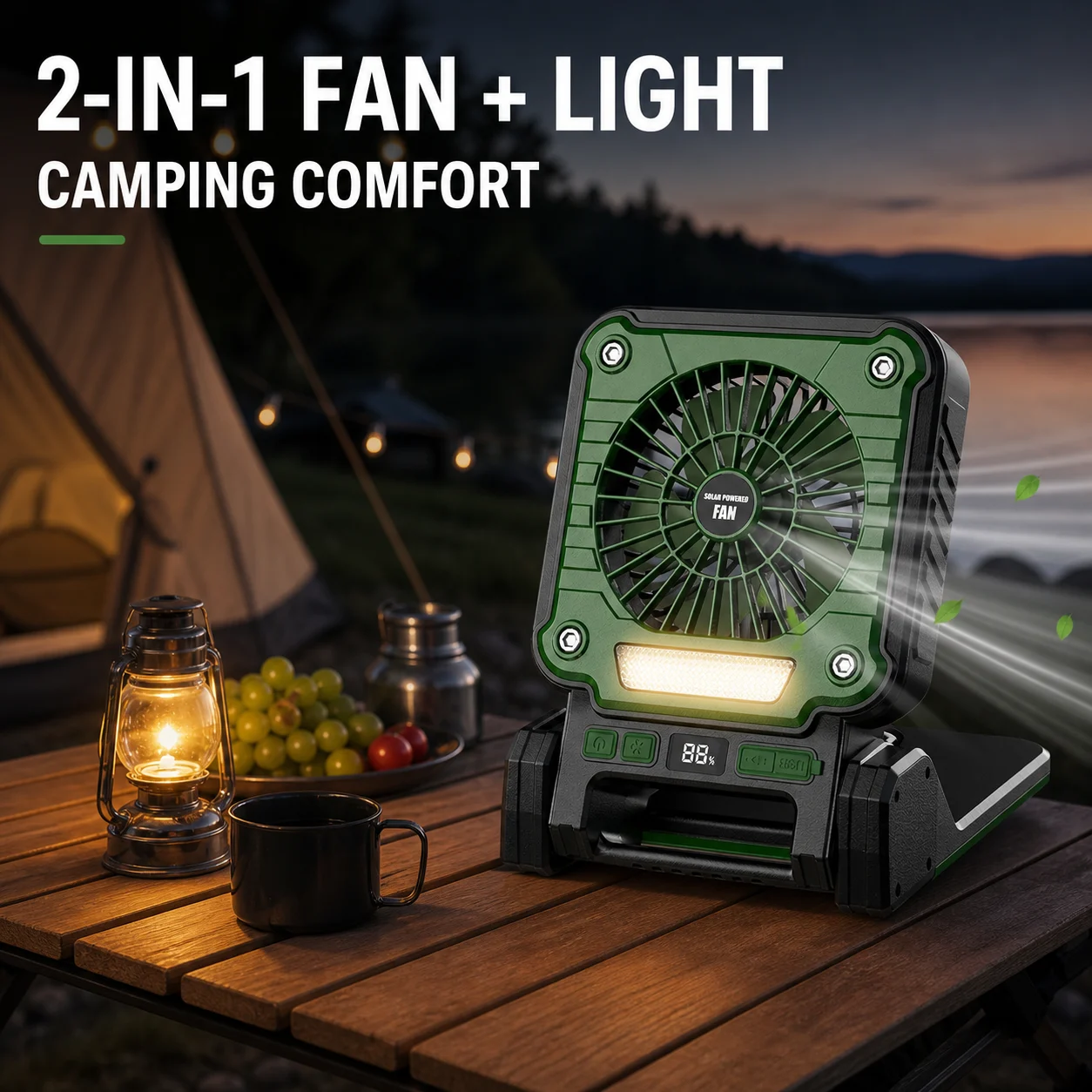 Solar Powered Rechargeable Battery Display Power Bank Function Portable Fan F3 Green… — image 4