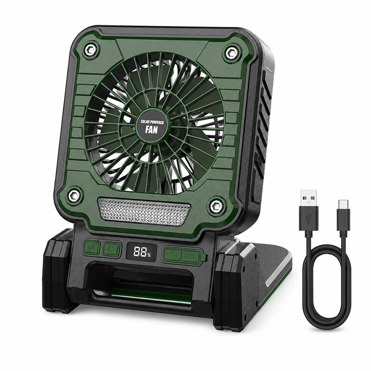 Solar Powered Rechargeable Battery Display Power Bank Function Portable Fan F3 Green… — image 5
