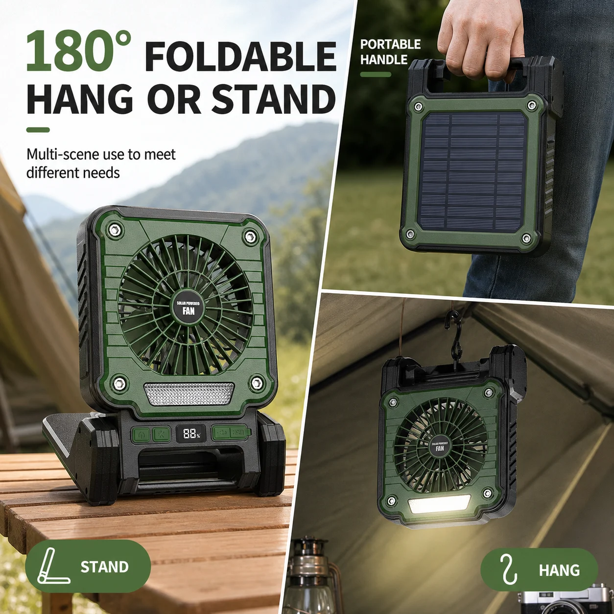 Solar Powered Rechargeable Battery Display Power Bank Function Portable Fan F3 Green… — image 7