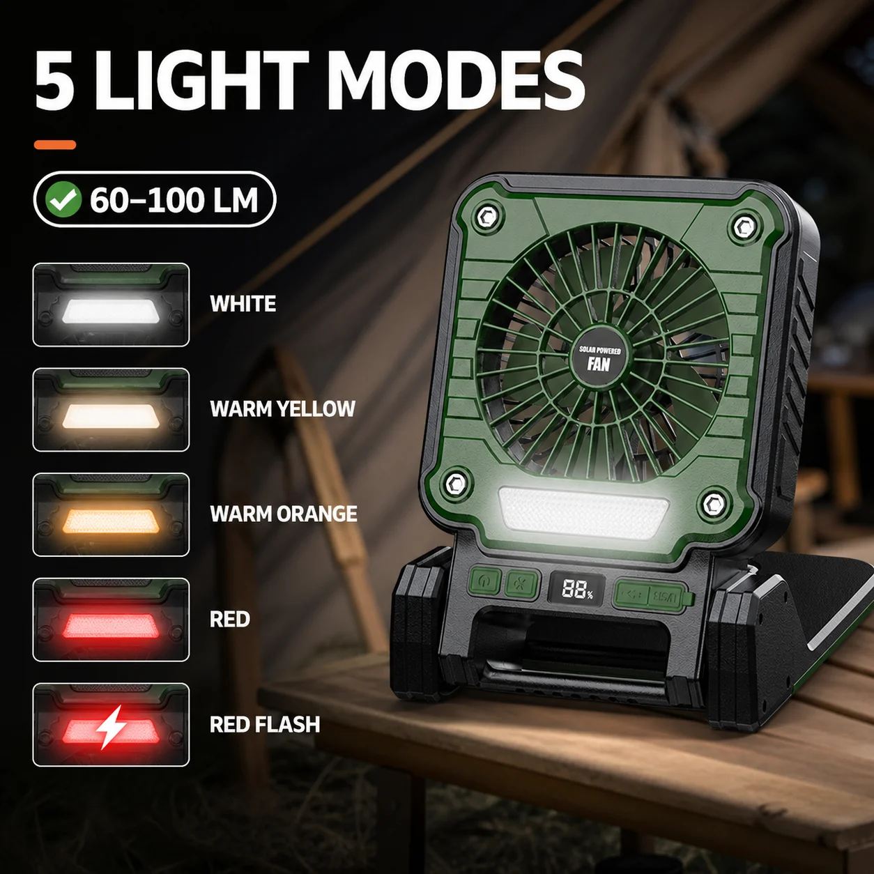 Solar Powered Rechargeable Battery Display Power Bank Function Portable Fan F3 Green… — image 3