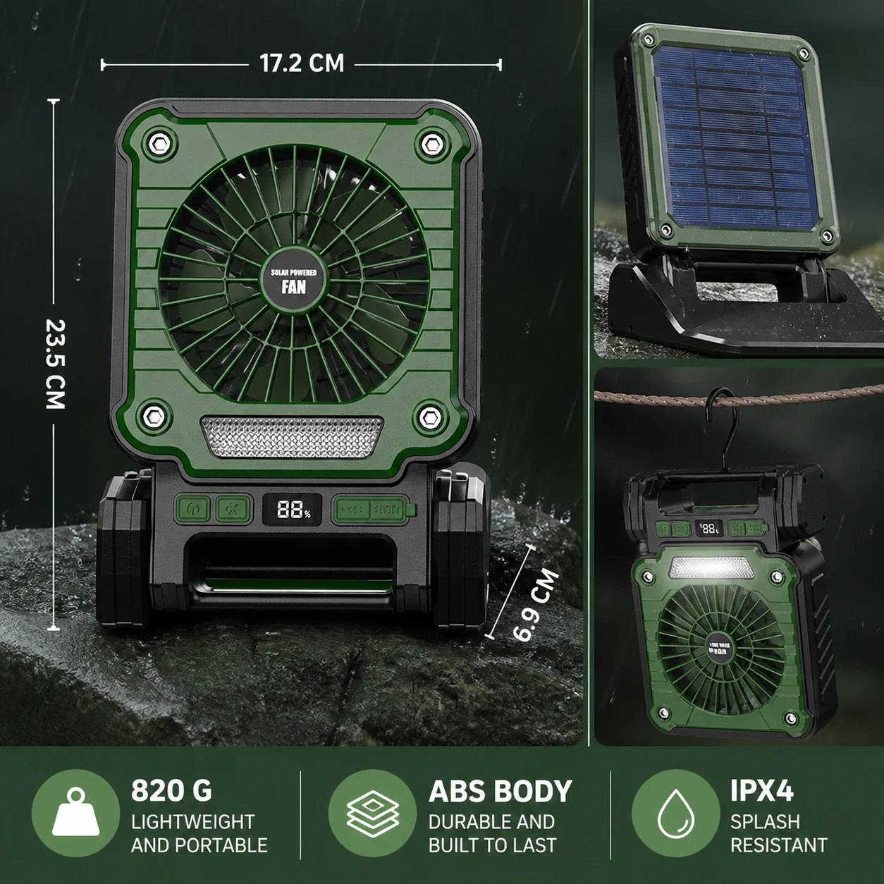 Solar Powered Rechargeable Battery Display Power Bank Function Portable Fan F3 Green… — image 6
