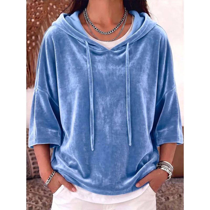 Solid-color Drawstring Three-quarter-sleeve Velvet Hoodie — image 2