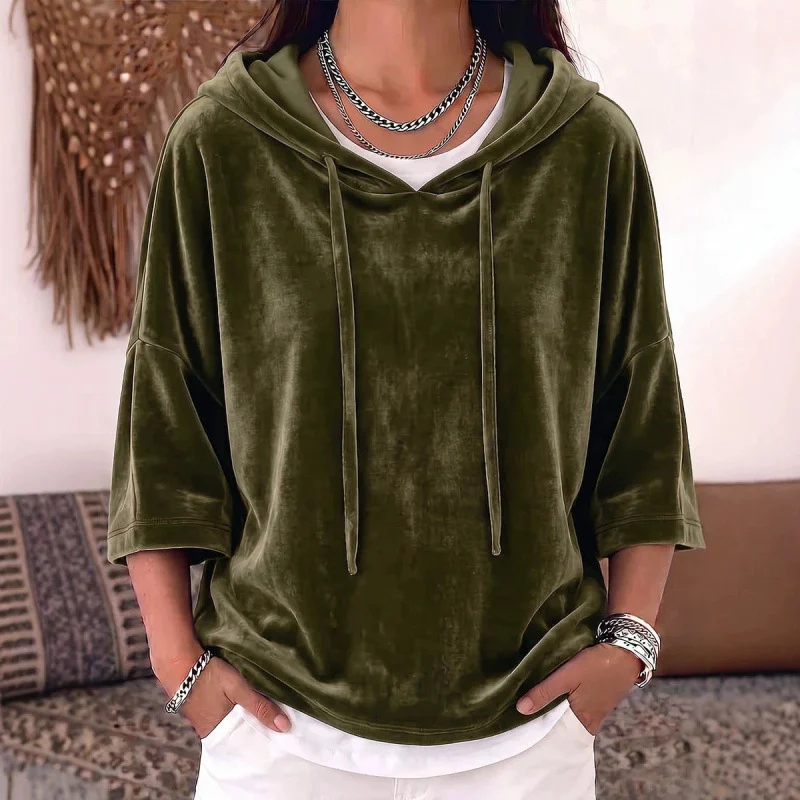 Solid-color Drawstring Three-quarter-sleeve Velvet Hoodie — image 6