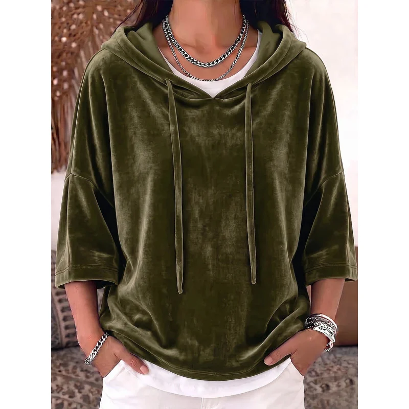 Solid-color Drawstring Three-quarter-sleeve Velvet Hoodie — image 4