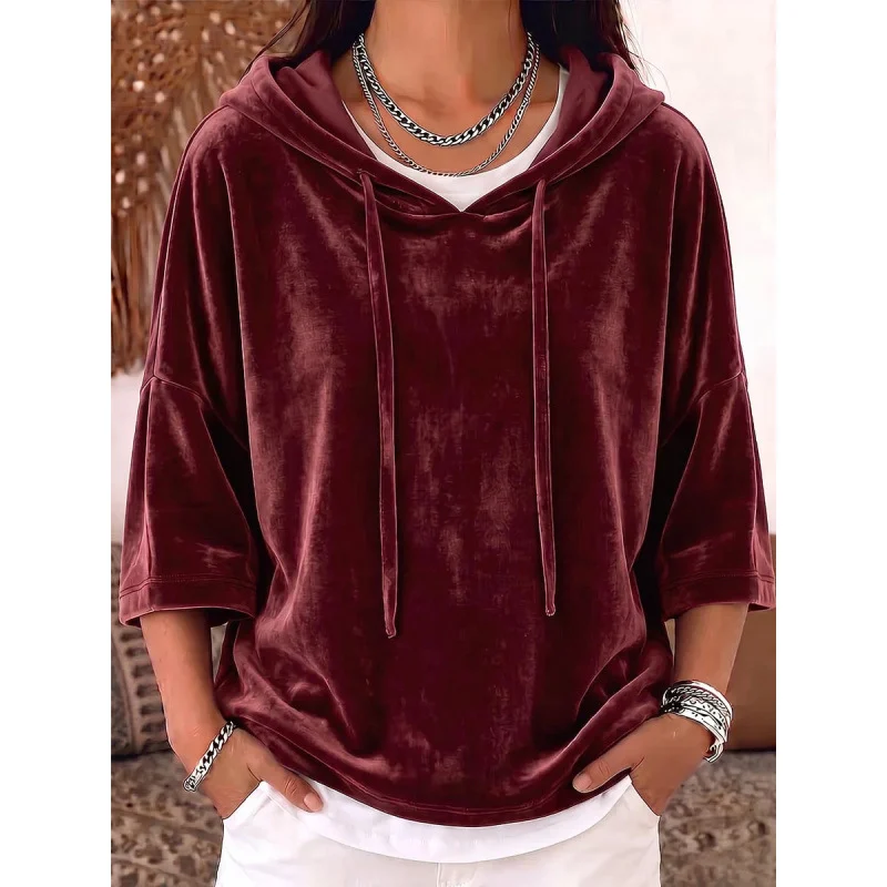 Solid-color Drawstring Three-quarter-sleeve Velvet Hoodie — image 9