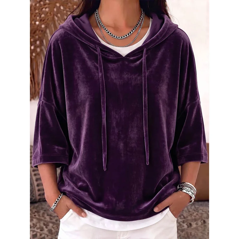 Solid-color Drawstring Three-quarter-sleeve Velvet Hoodie — image 8