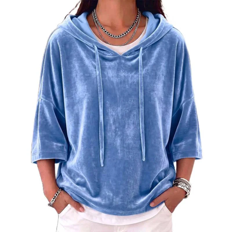 Solid-color Drawstring Three-quarter-sleeve Velvet Hoodie — image 5