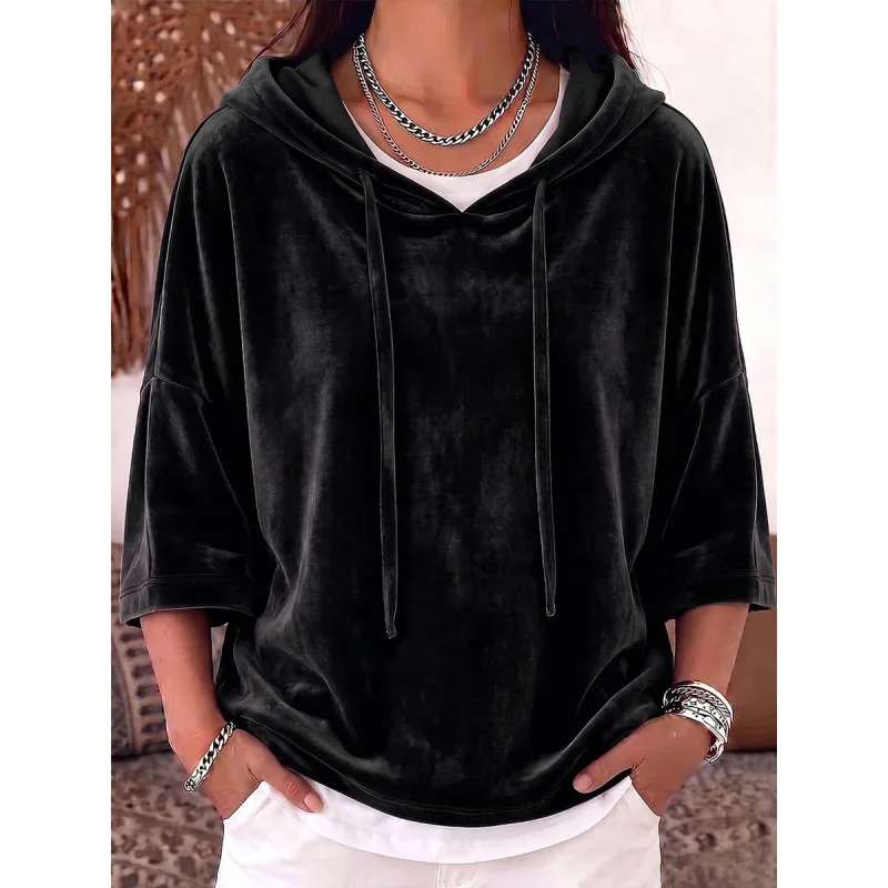 Solid-color Drawstring Three-quarter-sleeve Velvet Hoodie — image 7