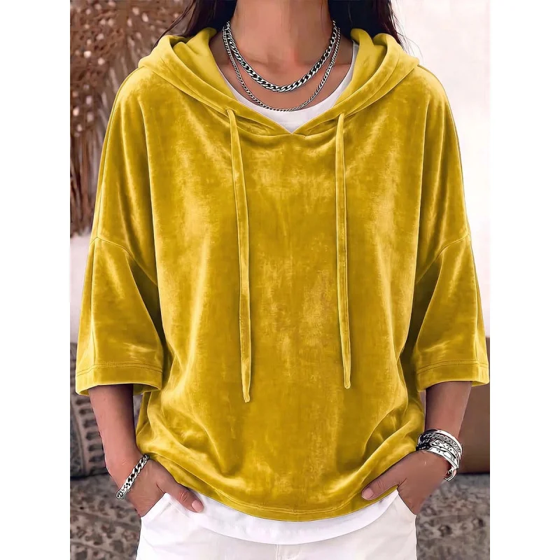 Solid-color Drawstring Three-quarter-sleeve Velvet Hoodie — image 3