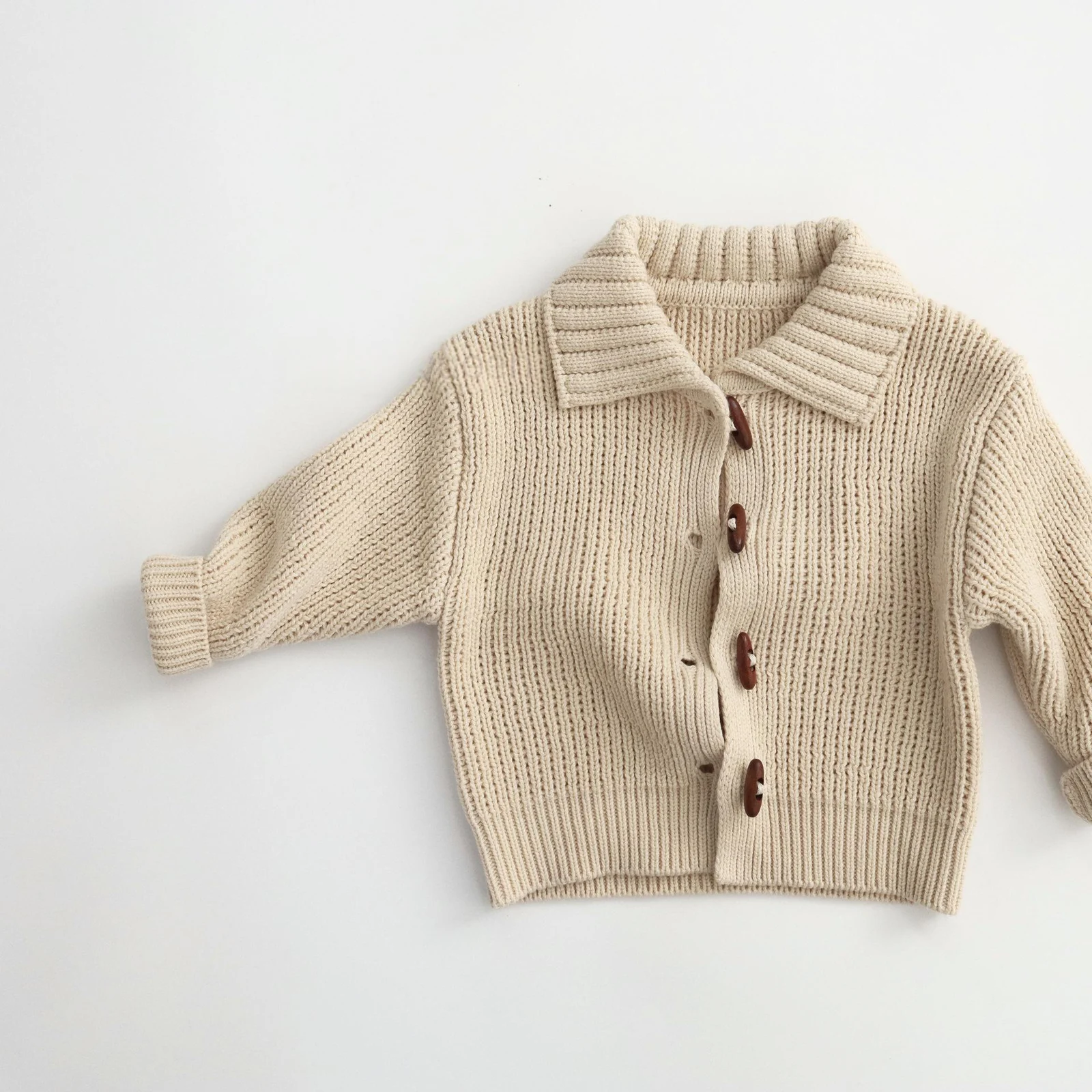 Solid-color Horn-button Cardigan Childrens Cotton Knit Jacket — image 3