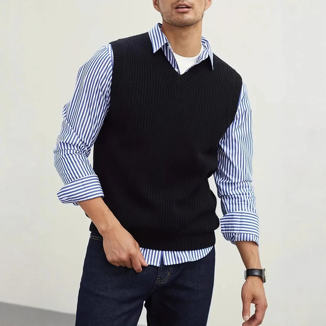 Solid-color Pullover Vest Gentlemans V-neck Inner Or Outerwear Waistcoat — image 5