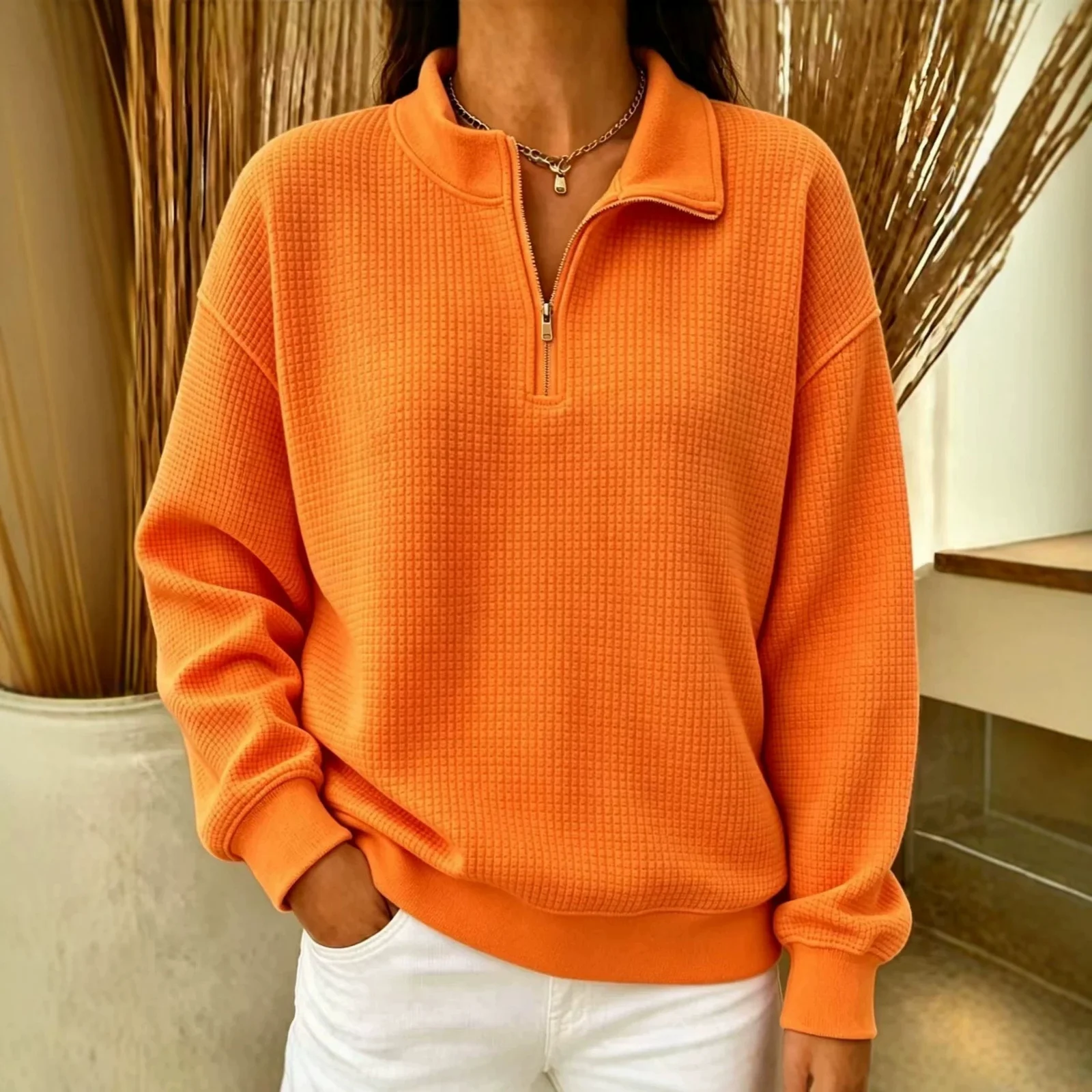 Solid Color Stand Collar Long-sleeve Zipper Stitching Women's Sweater — image 6