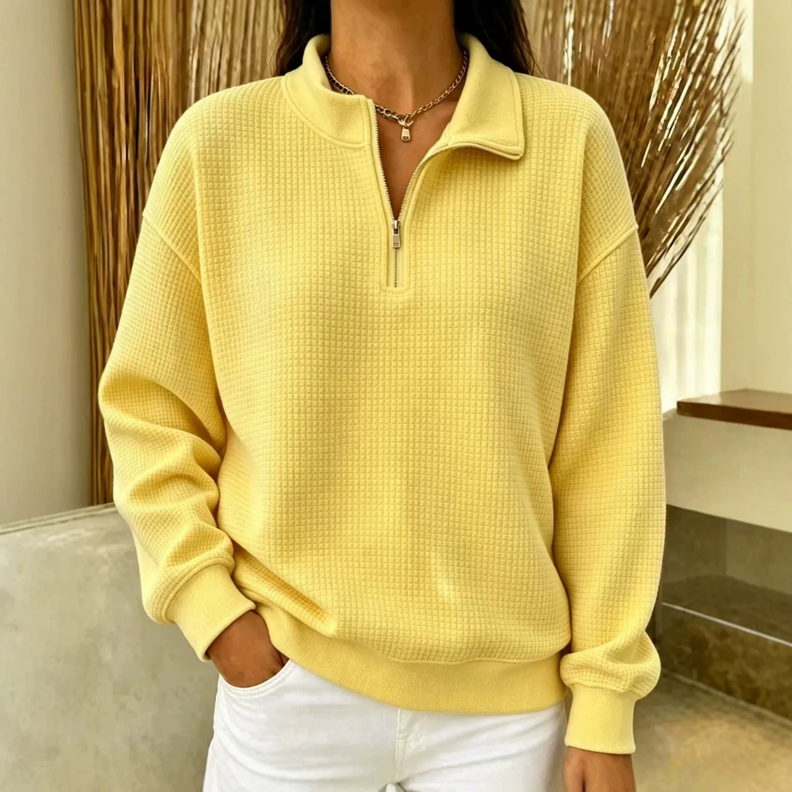 Solid Color Stand Collar Long-sleeve Zipper Stitching Women's Sweater — image 4