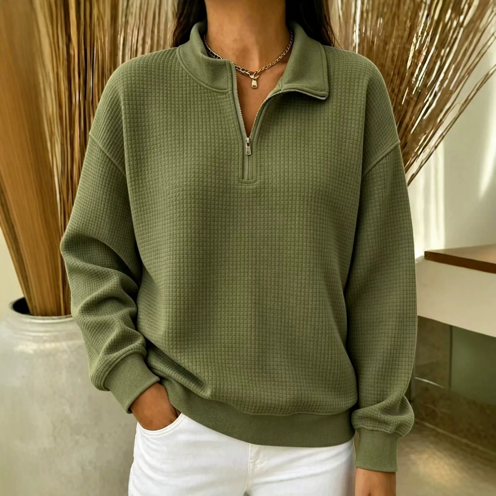Solid Color Stand Collar Long-sleeve Zipper Stitching Women's Sweater — image 5