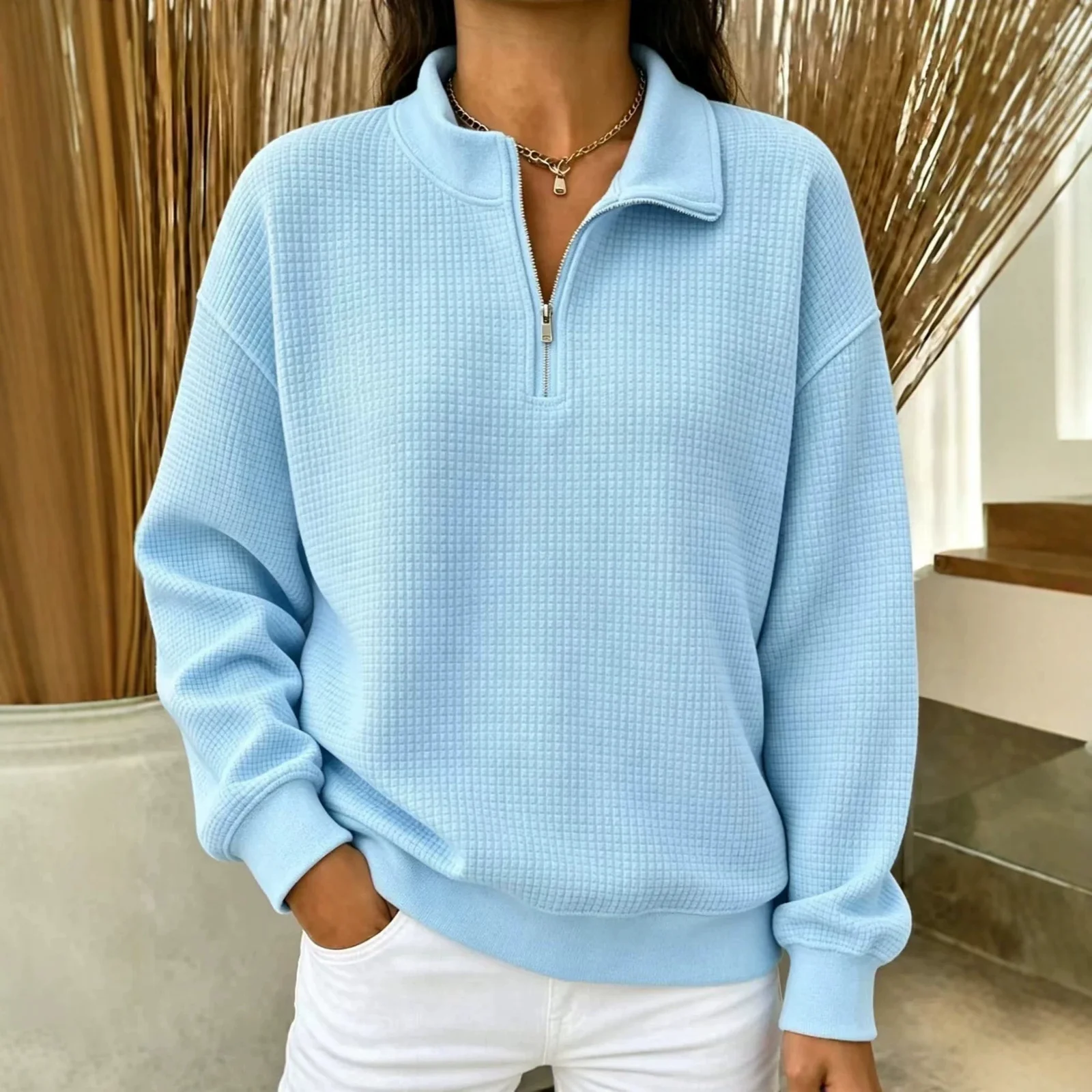 Solid Color Stand Collar Long-sleeve Zipper Stitching Women's Sweater — image 1