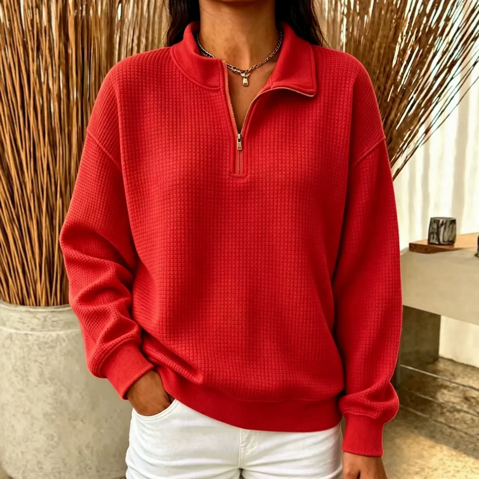 Solid Color Stand Collar Long-sleeve Zipper Stitching Women's Sweater — image 2