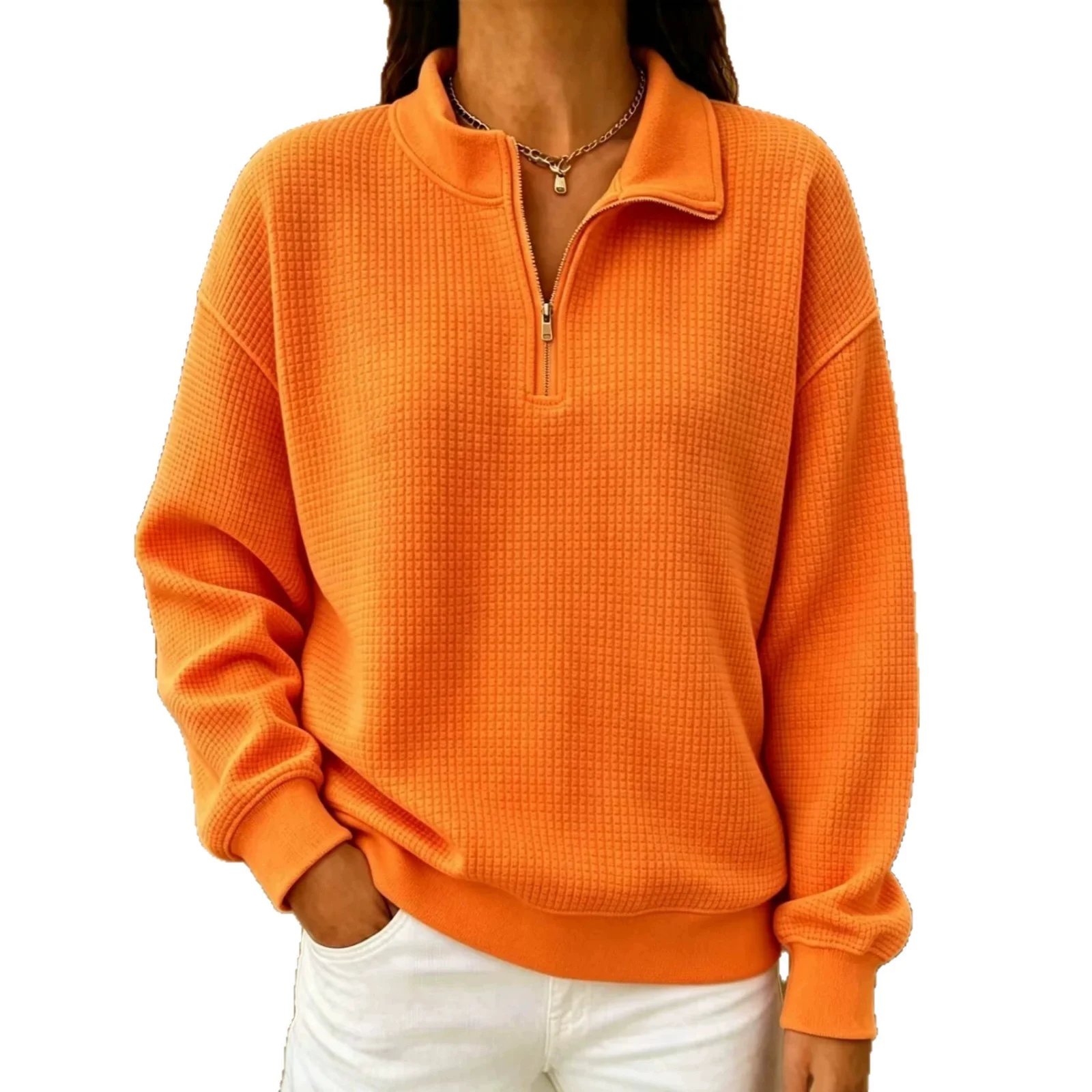 Solid Color Stand Collar Long-sleeve Zipper Stitching Women's Sweater — image 3
