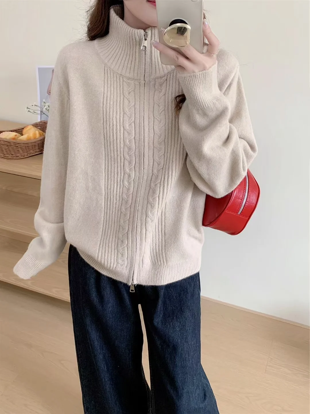 Solid-color Stand-collar Sweater Coat With Double Zippers — image 3