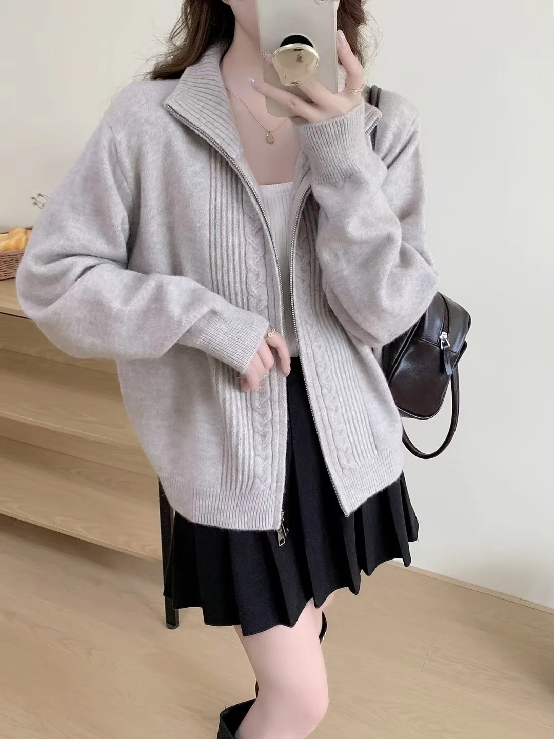 Solid-color Stand-collar Sweater Coat With Double Zippers — image 8