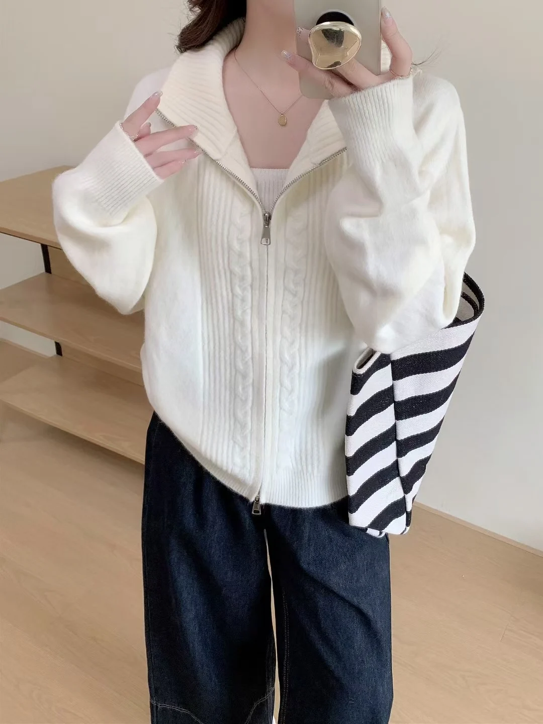 Solid-color Stand-collar Sweater Coat With Double Zippers — image 2
