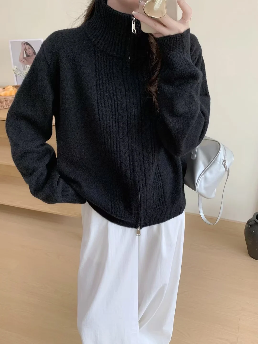 Solid-color Stand-collar Sweater Coat With Double Zippers — image 7
